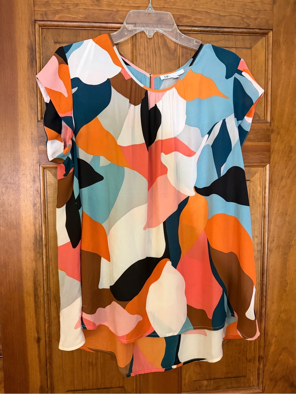 DR2 Women’s Multicolor Abstract Print Blouse Tunic Cap Sleeve High Low Hem EUC